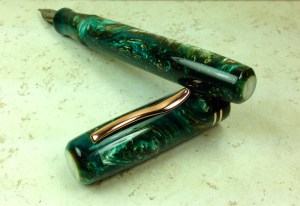 Bard in Green Teal Mist Alumilite, Alabaster Swirl Acrylic Inlay, Copper Bands - Oversized