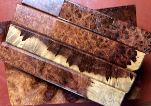 Amboyna Burl with sapwood, with Red Mallee Burl below.